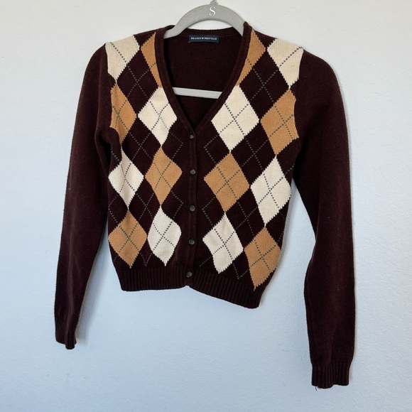 Brandy Melville John Galt Brown White Elizabeth Sweater Argyle Print Cardigan OS - Picture 8 of 9